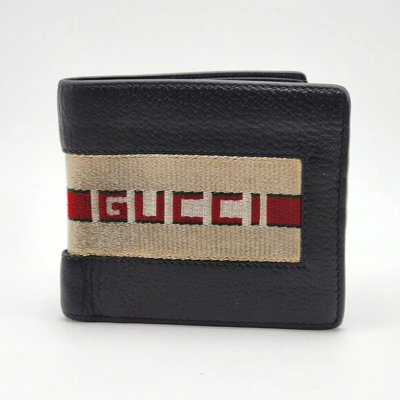 GUCCI Men's Bifold Wallet-Logo Stripe Web Black Leather - Picture 14 of 17